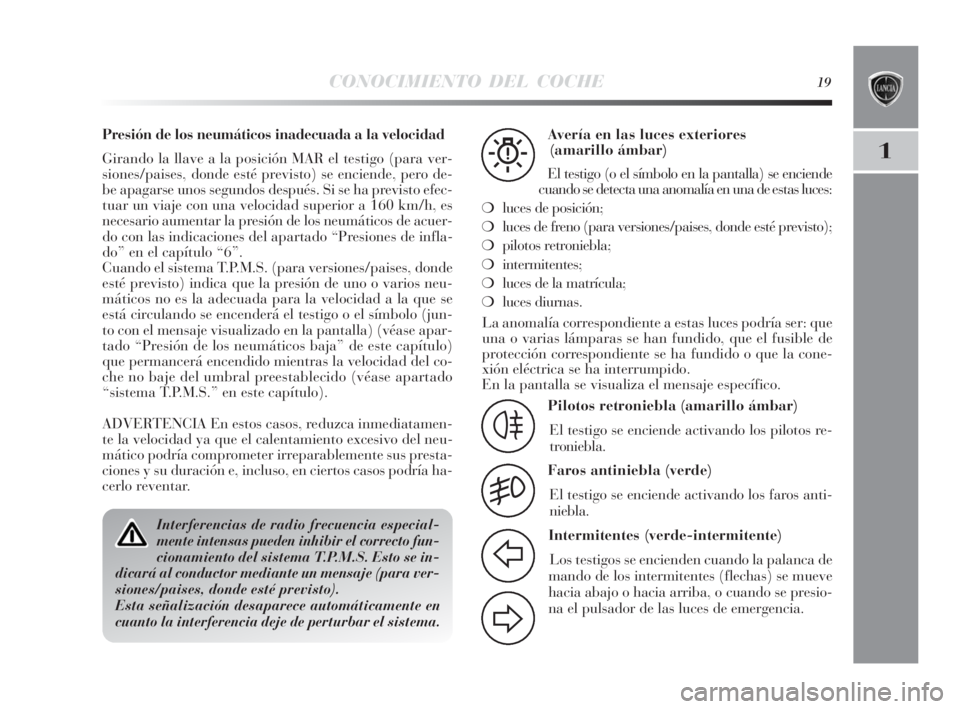Lancia Delta 2010 Manual de Empleo y Cuidado (in Spanish) CONOCIMIENTO DEL COCHE19
1
Interferencias de radio frecuencia especial-
mente intensas pueden inhibir el correcto fun-
cionamiento del sistema T.P.M.S. Esto se in-
dicará al conductor mediante un men Lancia Delta 2010 Manual de Empleo y Cuidado (in Spanish) CONOCIMIENTO DEL COCHE19
1
Interferencias de radio frecuencia especial-
mente intensas pueden inhibir el correcto fun-
cionamiento del sistema T.P.M.S. Esto se in-
dicará al conductor mediante un men