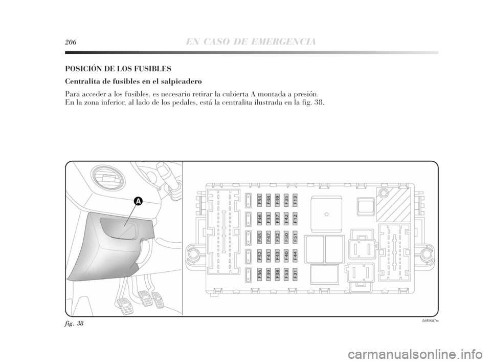 Lancia Delta 2010 Manual de Empleo y Cuidado (in Spanish) 206EN CASO DE EMERGENCIA
fig. 38L0E0087m
POSICIÓN DE LOS FUSIBLES
Centralita de fusibles en el salpicadero
Para acceder a los fusibles, es necesario retirar la cubierta A montada a presión.
En la z Lancia Delta 2010 Manual de Empleo y Cuidado (in Spanish) 206EN CASO DE EMERGENCIA
fig. 38L0E0087m
POSICIÓN DE LOS FUSIBLES
Centralita de fusibles en el salpicadero
Para acceder a los fusibles, es necesario retirar la cubierta A montada a presión.
En la z
