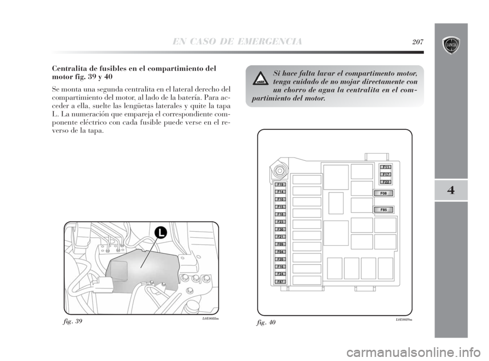 Lancia Delta 2010 Manual de Empleo y Cuidado (in Spanish) EN CASO DE EMERGENCIA207
4
Centralita de fusibles en el compartimiento del
motor fig. 39 y 40
Se monta una segunda centralita en el lateral derecho del
compartimiento del motor, al lado de la batería Lancia Delta 2010 Manual de Empleo y Cuidado (in Spanish) EN CASO DE EMERGENCIA207
4
Centralita de fusibles en el compartimiento del
motor fig. 39 y 40
Se monta una segunda centralita en el lateral derecho del
compartimiento del motor, al lado de la batería