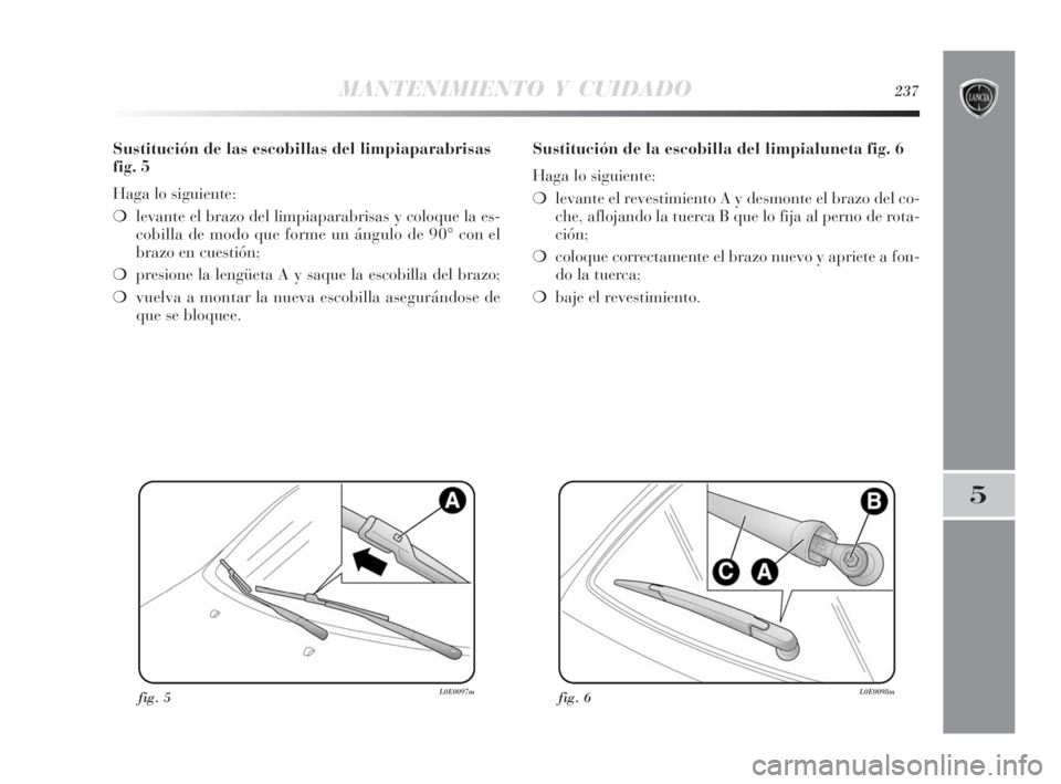 Lancia Delta 2010 Manual de Empleo y Cuidado (in Spanish) MANTENIMIENTO Y CUIDADO237
5
Sustitución de las escobillas del limpiaparabrisas
fig. 5
Haga lo siguiente:
❍levante el brazo del limpiaparabrisas y coloque la es-
cobilla de modo que forme un ángul Lancia Delta 2010 Manual de Empleo y Cuidado (in Spanish) MANTENIMIENTO Y CUIDADO237
5
Sustitución de las escobillas del limpiaparabrisas
fig. 5
Haga lo siguiente:
❍levante el brazo del limpiaparabrisas y coloque la es-
cobilla de modo que forme un ángul