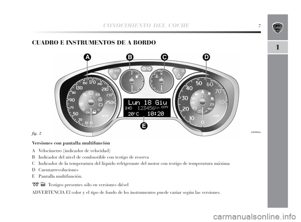 Lancia Delta 2010  Manual de Empleo y Cuidado (in Spanish) CONOCIMIENTO DEL COCHE7
1
CUADRO E INSTRUMENTOS DE A BORDO
Versiones con pantalla multifunción
A Velocímetro (indicador de velocidad)
B Indicador del nivel de combustible con testigo de reserva
C In
