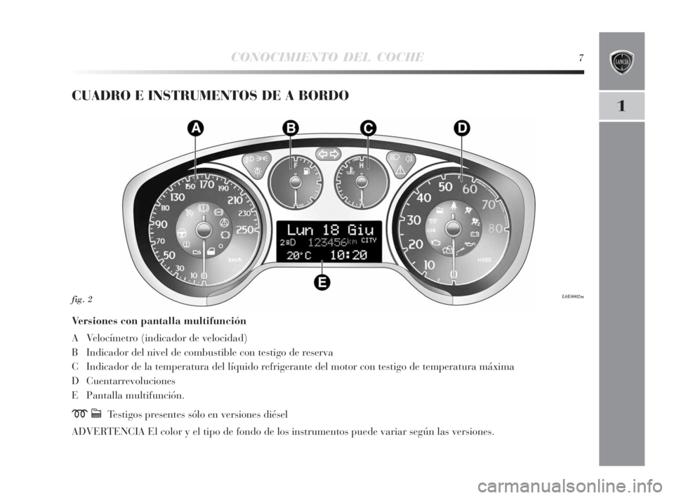 Lancia Delta 2010 Manual de Empleo y Cuidado (in Spanish) CONOCIMIENTO DEL COCHE7
1
CUADRO E INSTRUMENTOS DE A BORDO
Versiones con pantalla multifunción
A Velocímetro (indicador de velocidad)
B Indicador del nivel de combustible con testigo de reserva
C In Lancia Delta 2010 Manual de Empleo y Cuidado (in Spanish) CONOCIMIENTO DEL COCHE7
1
CUADRO E INSTRUMENTOS DE A BORDO
Versiones con pantalla multifunción
A Velocímetro (indicador de velocidad)
B Indicador del nivel de combustible con testigo de reserva
C In