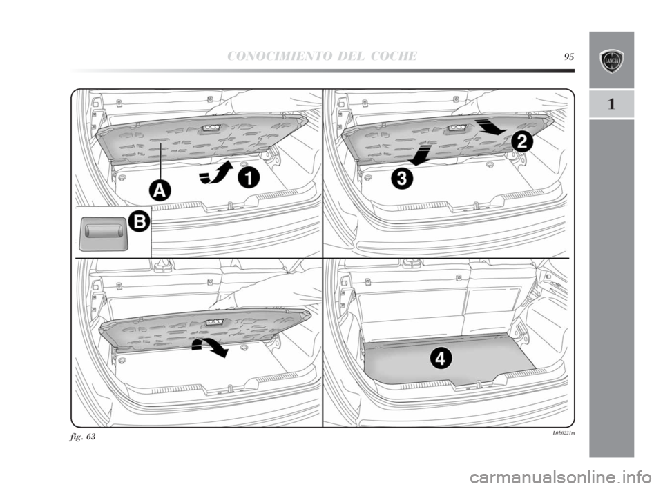 Lancia Delta 2010  Manual de Empleo y Cuidado (in Spanish) CONOCIMIENTO DEL COCHE95
1
fig. 63L0E0221m
001-142 Delta 3ed E  30-11-2009  12:09  Pagina 95 