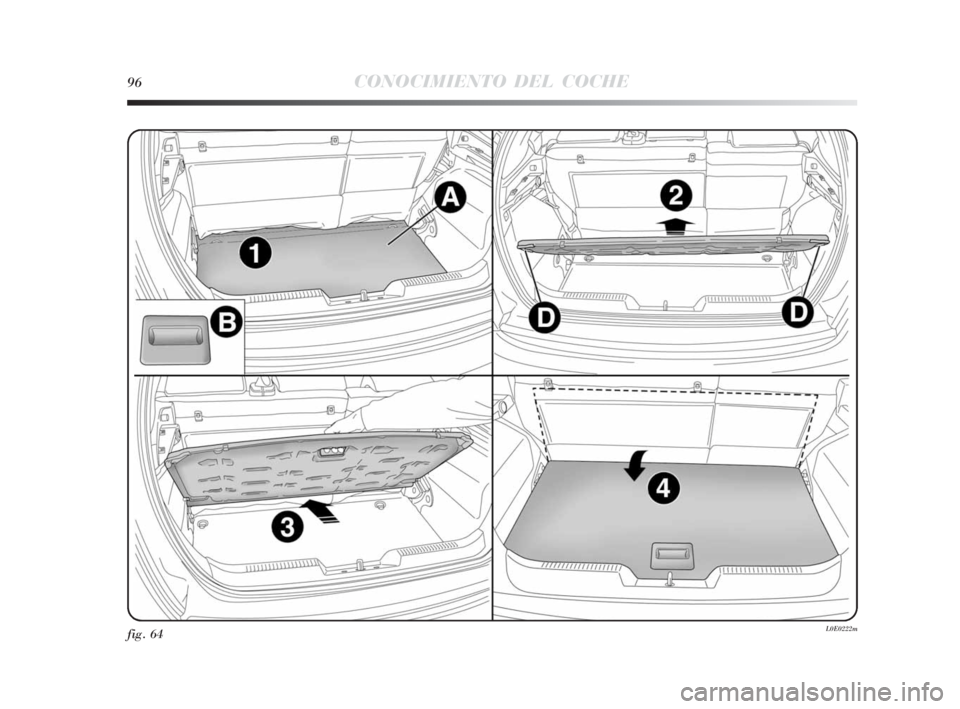 Lancia Delta 2010  Manual de Empleo y Cuidado (in Spanish) 96CONOCIMIENTO DEL COCHE
fig. 64L0E0222m
001-142 Delta 3ed E  30-11-2009  12:09  Pagina 96 