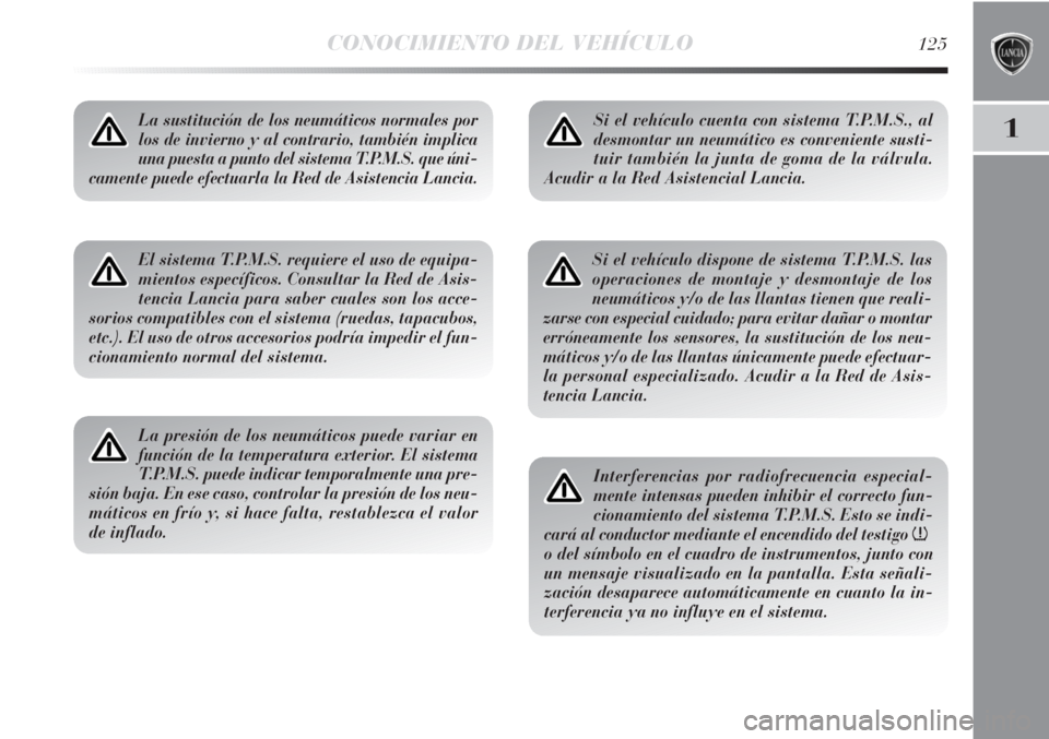 Lancia Delta 2011 Manual de Empleo y Cuidado (in Spanish) CONOCIMIENTO DEL VEHÍCULO125
1La sustitución de los neumáticos normales por
los de invierno y al contrario, también implica
una puesta a punto del sistema T.P.M.S. que úni-
camente puede efectuar Lancia Delta 2011 Manual de Empleo y Cuidado (in Spanish) CONOCIMIENTO DEL VEHÍCULO125
1La sustitución de los neumáticos normales por
los de invierno y al contrario, también implica
una puesta a punto del sistema T.P.M.S. que úni-
camente puede efectuar
