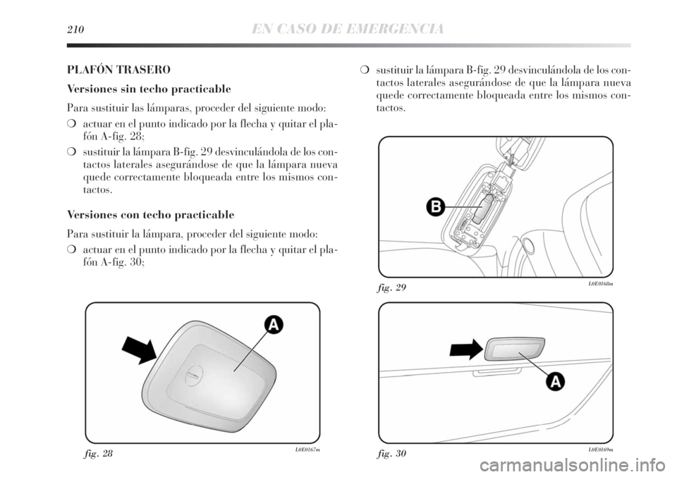 Lancia Delta 2011 Manual de Empleo y Cuidado (in Spanish) 210EN CASO DE EMERGENCIA
fig. 28L0E0167mfig. 30L0E0169m
fig. 29L0E0168m
PLAFÓN TRASERO
Versiones sin techo practicable
Para sustituir las lámparas, proceder del siguiente modo:
❍actuar en el punto Lancia Delta 2011 Manual de Empleo y Cuidado (in Spanish) 210EN CASO DE EMERGENCIA
fig. 28L0E0167mfig. 30L0E0169m
fig. 29L0E0168m
PLAFÓN TRASERO
Versiones sin techo practicable
Para sustituir las lámparas, proceder del siguiente modo:
❍actuar en el punto
