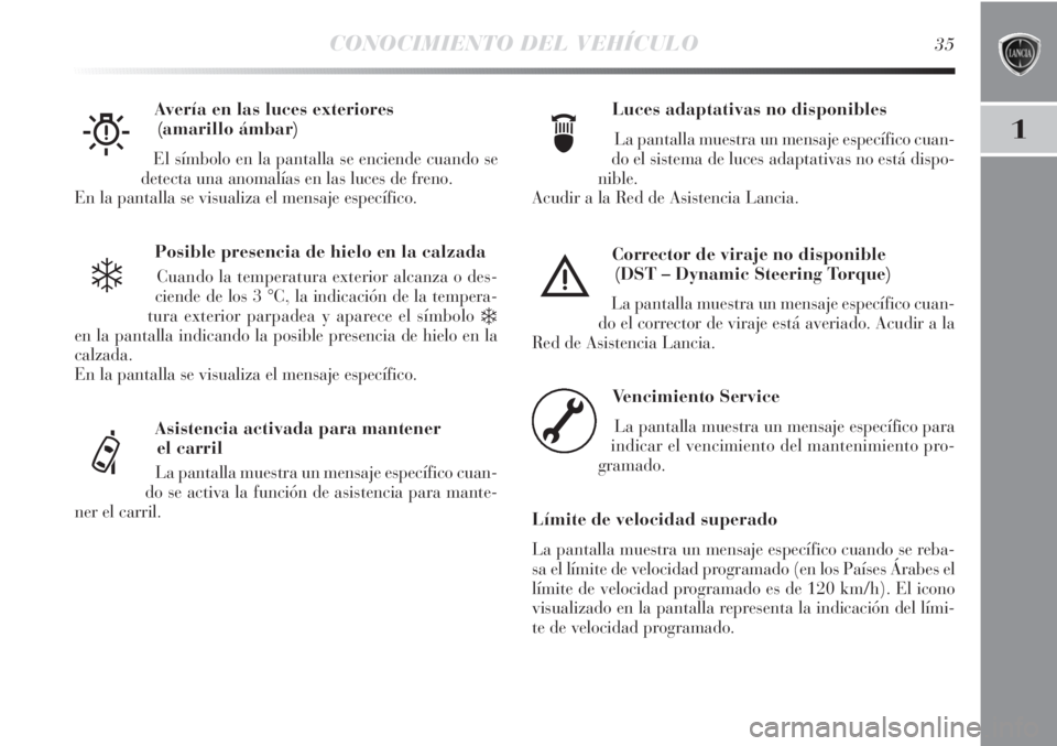Lancia Delta 2011  Manual de Empleo y Cuidado (in Spanish) CONOCIMIENTO DEL VEHÍCULO35
1
Posible presencia de hielo en la calzada
Cuando la temperatura exterior alcanza o des-
ciende de los 3 °C, la indicación de la tempera-
tura exterior parpadea y aparec