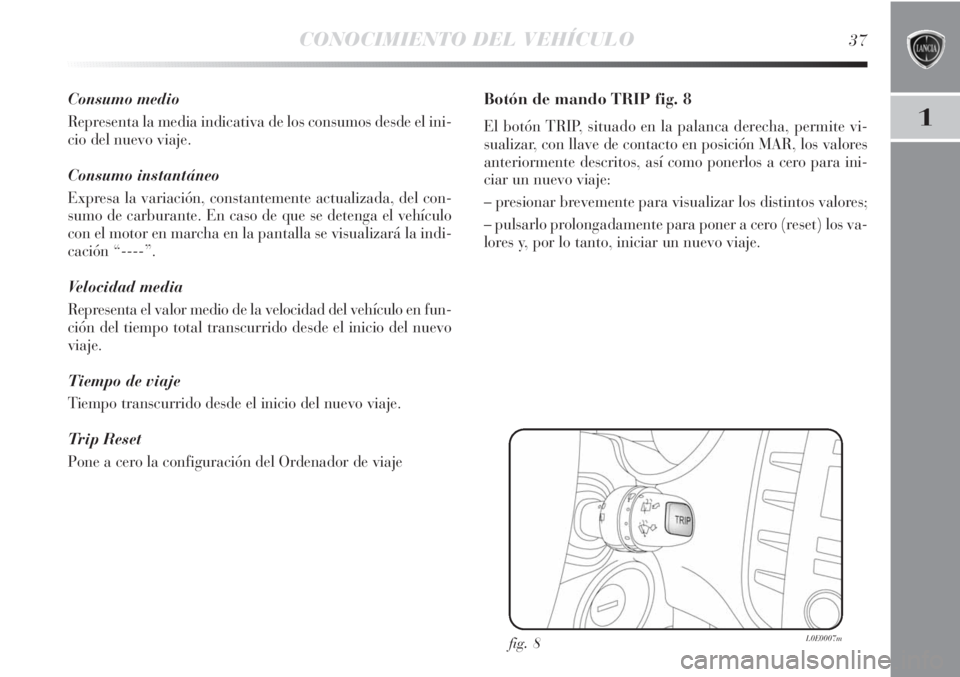 Lancia Delta 2011 Manual de Empleo y Cuidado (in Spanish) CONOCIMIENTO DEL VEHÍCULO37
1
Consumo medio
Representa la media indicativa de los consumos desde el ini-
cio del nuevo viaje.
Consumo instantáneo
Expresa la variación, constantemente actualizada, d Lancia Delta 2011 Manual de Empleo y Cuidado (in Spanish) CONOCIMIENTO DEL VEHÍCULO37
1
Consumo medio
Representa la media indicativa de los consumos desde el ini-
cio del nuevo viaje.
Consumo instantáneo
Expresa la variación, constantemente actualizada, d
