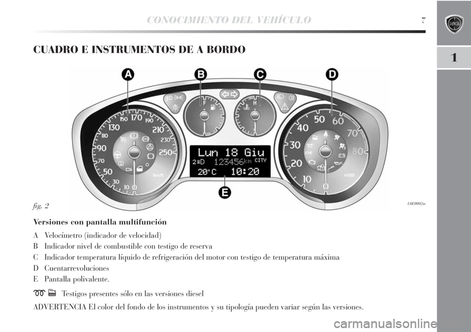 Lancia Delta 2011  Manual de Empleo y Cuidado (in Spanish) 1
CONOCIMIENTO DEL VEHÍCULO7
CUADRO E INSTRUMENTOS DE A BORDO
Versiones con pantalla multifunción
A Velocímetro (indicador de velocidad)
B Indicador nivel de combustible con testigo de reserva
C In