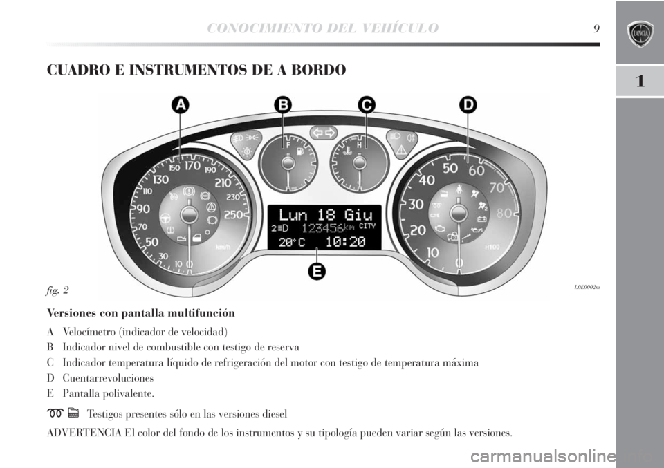 Lancia Delta 2013  Manual de Empleo y Cuidado (in Spanish) 1
CONOCIMIENTO DEL VEHÍCULO9
CUADRO E INSTRUMENTOS DE A BORDO
Versiones con pantalla multifunción
A Velocímetro (indicador de velocidad)
B Indicador nivel de combustible con testigo de reserva
C In