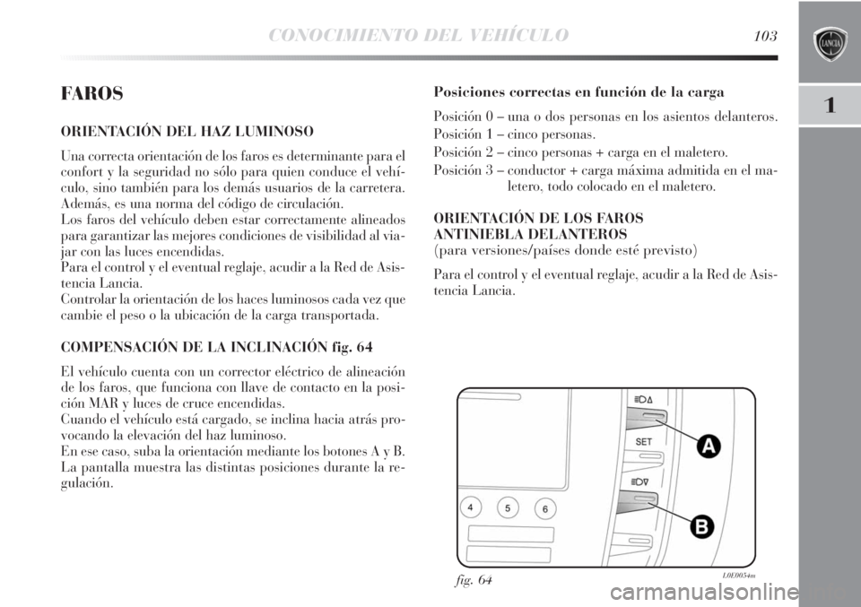 Lancia Delta 2013 Manual de Empleo y Cuidado (in Spanish) CONOCIMIENTO DEL VEHÍCULO103
1FA R O S
ORIENTACIÓN DEL HAZ LUMINOSO
Una correcta orientación de los faros es determinante para el
confort y la seguridad no sólo para quien conduce el vehí-
culo, Lancia Delta 2013 Manual de Empleo y Cuidado (in Spanish) CONOCIMIENTO DEL VEHÍCULO103
1FA R O S
ORIENTACIÓN DEL HAZ LUMINOSO
Una correcta orientación de los faros es determinante para el
confort y la seguridad no sólo para quien conduce el vehí-
culo,