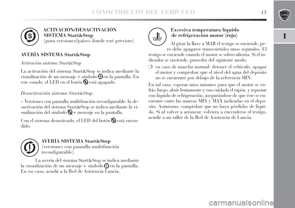 Lancia Delta 2012 Manual de Empleo y Cuidado (in Spanish) CONOCIMIENTO DEL VEHÍCULO15
1
ACTIVACIÓN/DESACTIVACIÓN
SISTEMA Start&Stop
(para versiones/países donde esté previsto)
AVERÍA SISTEMA Start&Stop
Activación sistema Start&Stop
La activación del Lancia Delta 2012 Manual de Empleo y Cuidado (in Spanish) CONOCIMIENTO DEL VEHÍCULO15
1
ACTIVACIÓN/DESACTIVACIÓN
SISTEMA Start&Stop
(para versiones/países donde esté previsto)
AVERÍA SISTEMA Start&Stop
Activación sistema Start&Stop
La activación del