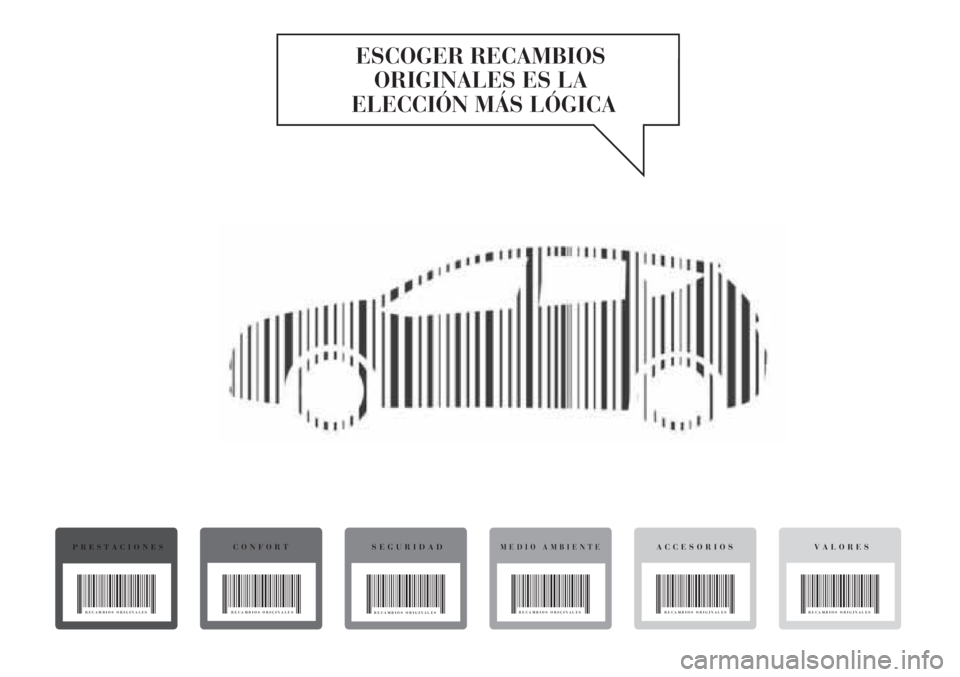 Lancia Delta 2013  Manual de Empleo y Cuidado (in Spanish) ESCOGER RECAMBIOS 
ORIGINALES ES LA 
ELECCIÓN MÁS LÓGICA
PRESTACIONES
RECAMBIOS ORIGINALES
CONFORT
RECAMBIOS ORIGINALES
SEGURIDADMEDIO AMBIENTEVALORESACCESORIOS
RECAMBIOS ORIGINALESRECAMBIOS ORIGIN