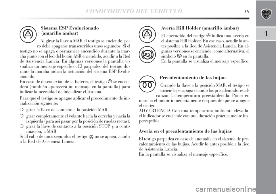Lancia Delta 2013  Manual de Empleo y Cuidado (in Spanish) CONOCIMIENTO DEL VEHÍCULO19
1
Sistema ESP Evolucionado 
(amarillo ámbar)
Al girar la llave a MAR el testigo se enciende, pe-
ro debe apagarse transcurridos unos segundos. Si el
testigo no se apaga o