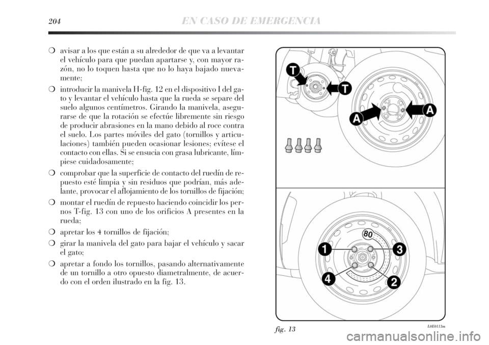 Lancia Delta 2013 Manual de Empleo y Cuidado (in Spanish) 204EN CASO DE EMERGENCIA
❍avisar a los que están a su alrededor de que va a levantar
el vehículo para que puedan apartarse y, con mayor ra-
zón, no lo toquen hasta que no lo haya bajado nueva-
me Lancia Delta 2013 Manual de Empleo y Cuidado (in Spanish) 204EN CASO DE EMERGENCIA
❍avisar a los que están a su alrededor de que va a levantar
el vehículo para que puedan apartarse y, con mayor ra-
zón, no lo toquen hasta que no lo haya bajado nueva-
me