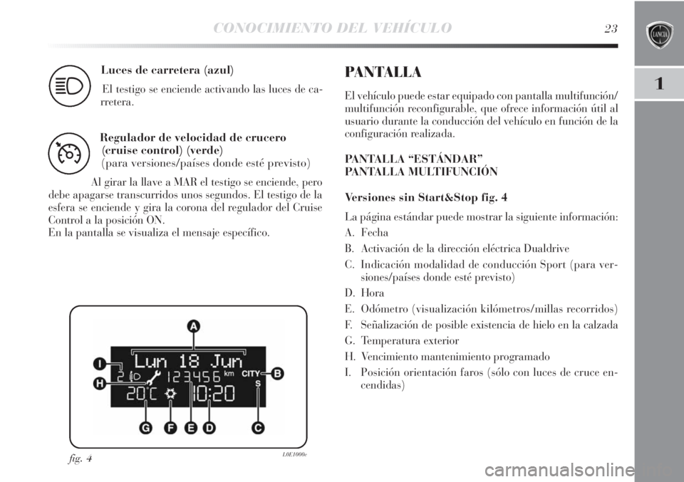 Lancia Delta 2013  Manual de Empleo y Cuidado (in Spanish) CONOCIMIENTO DEL VEHÍCULO23
1
Luces de carretera (azul)
El testigo se enciende activando las luces de ca-
rretera.1
Regulador de velocidad de crucero 
(cruise control) (verde)
(para versiones/países