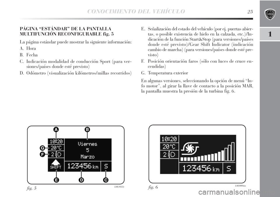Lancia Delta 2013  Manual de Empleo y Cuidado (in Spanish) CONOCIMIENTO DEL VEHÍCULO25
1
E. Señalización del estado del vehículo (por ej. puertas abier-
tas, o posible existencia de hielo en la calzada, etc.)/In -
dicación de la función Start&Stop (para
