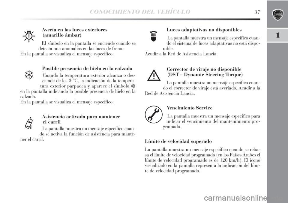 Lancia Delta 2013 Manual de Empleo y Cuidado (in Spanish) CONOCIMIENTO DEL VEHÍCULO37
1
Posible presencia de hielo en la calzada
Cuando la temperatura exterior alcanza o des-
ciende de los 3 °C, la indicación de la tempera-
tura exterior parpadea y aparec Lancia Delta 2013 Manual de Empleo y Cuidado (in Spanish) CONOCIMIENTO DEL VEHÍCULO37
1
Posible presencia de hielo en la calzada
Cuando la temperatura exterior alcanza o des-
ciende de los 3 °C, la indicación de la tempera-
tura exterior parpadea y aparec