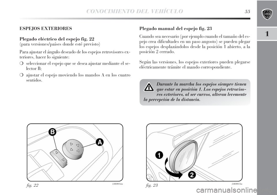 Lancia Delta 2013  Manual de Empleo y Cuidado (in Spanish) CONOCIMIENTO DEL VEHÍCULO55
1
ESPEJOS EXTERIORES 
Plegado eléctrico del espejo fig. 22
(para versiones/países donde esté previsto)
Para ajustar el ángulo deseado de los espejos retrovisores ex-
t