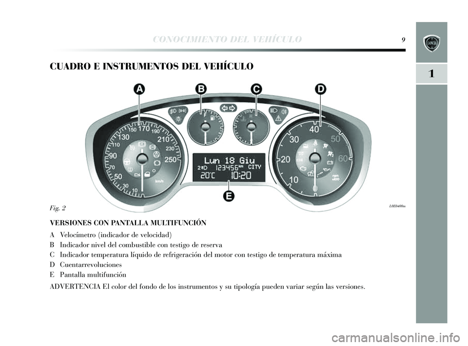 Lancia Delta 2014  Manual de Empleo y Cuidado (in Spanish) 1
CONOCIMIENTO DEL VEHÍCULO9
CUADRO E INSTRUMENTOS DEL VEHÍCULO
VERSIONES CON PANTALLA MULTIFUNCIÓN
A Velocímetro (indicador de velocidad)
B Indicador nivel del combu stible con tes tigo de reserv