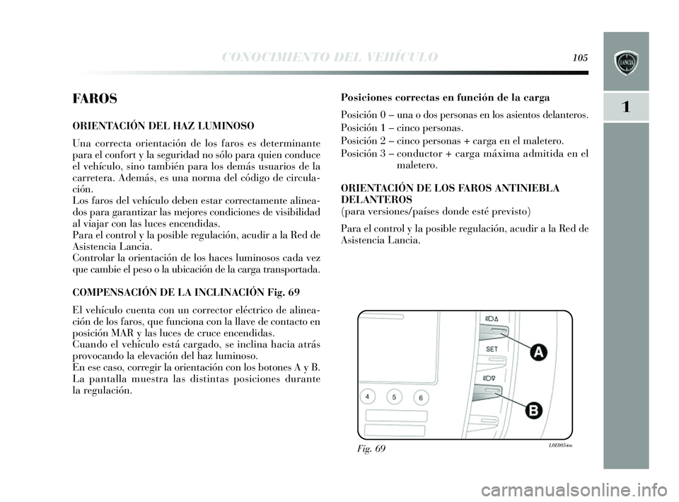 Lancia Delta 2014 Manual de Empleo y Cuidado (in Spanish) 1
CONOCIMIENTO DEL VEHÍCULO105
FA R O S
ORIENTACIÓN DEL HAZ LUMINOSO
Una correcta orientación de lo s faros es determinante
para el confort y la s eguridad no s ólo para quien conduce
el vehíc Lancia Delta 2014 Manual de Empleo y Cuidado (in Spanish) 1
CONOCIMIENTO DEL VEHÍCULO105
FA R O S
ORIENTACIÓN DEL HAZ LUMINOSO
Una correcta orientación de lo s faros es determinante
para el confort y la s eguridad no s ólo para quien conduce
el vehíc