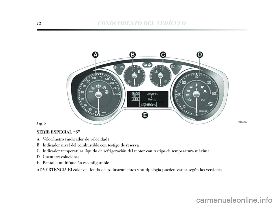 Lancia Delta 2014  Manual de Empleo y Cuidado (in Spanish) 12CONOCIMIENTO DEL VEHÍCULO
SERIE ESPECIAL “S”
A Velocímetro (indicador de velocidad)
B Indicador nivel del combu stible con tes tigo de reserva
C Indicador temperatura líquido de refrigeració