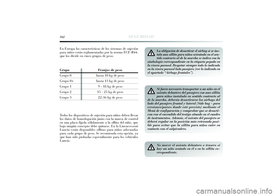 Lancia Delta 2014 Manual de Empleo y Cuidado (in Spanish) 162
SEGURIDAD
Si fuera necesario transportar a un niño en el
asiento delantero del pasajero con una sillita
para niños instalada en sentido contrario al
de la marcha, deberán desactivarse los airba Lancia Delta 2014 Manual de Empleo y Cuidado (in Spanish) 162
SEGURIDAD
Si fuera necesario transportar a un niño en el
asiento delantero del pasajero con una sillita
para niños instalada en sentido contrario al
de la marcha, deberán desactivarse los airba