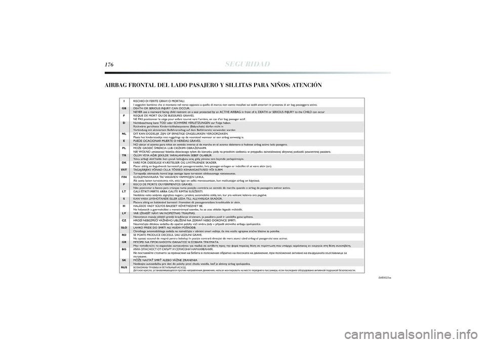 Lancia Delta 2014 Manual de Empleo y Cuidado (in Spanish) 176
SEGURIDAD
AIRBAG FRONTAL DEL LADO PASAJERO Y SILLITAS PARA NIÑOS: ATENCIÓN
L0E0321m
155-182 Delta ES 1ed 03/09/13 12.05 Pagina 176 Lancia Delta 2014 Manual de Empleo y Cuidado (in Spanish) 176
SEGURIDAD
AIRBAG FRONTAL DEL LADO PASAJERO Y SILLITAS PARA NIÑOS: ATENCIÓN
L0E0321m
155-182 Delta ES 1ed 03/09/13 12.05 Pagina 176