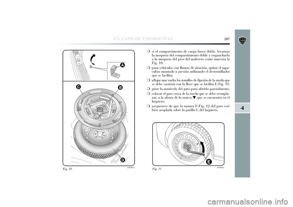 Lancia Delta 2014 Manual de Empleo y Cuidado (in Spanish) 4
EN CASO DE EMERGENCIA
207
Fig. 10
L0E0081m
❍si el compartimento de carga fuera doble, levantar
la moqueta del compartimiento doble y engancharla
a la moqueta del piso del maletero como muestra la
Lancia Delta 2014 Manual de Empleo y Cuidado (in Spanish) 4
EN CASO DE EMERGENCIA
207
Fig. 10
L0E0081m
❍si el compartimento de carga fuera doble, levantar
la moqueta del compartimiento doble y engancharla
a la moqueta del piso del maletero como muestra la