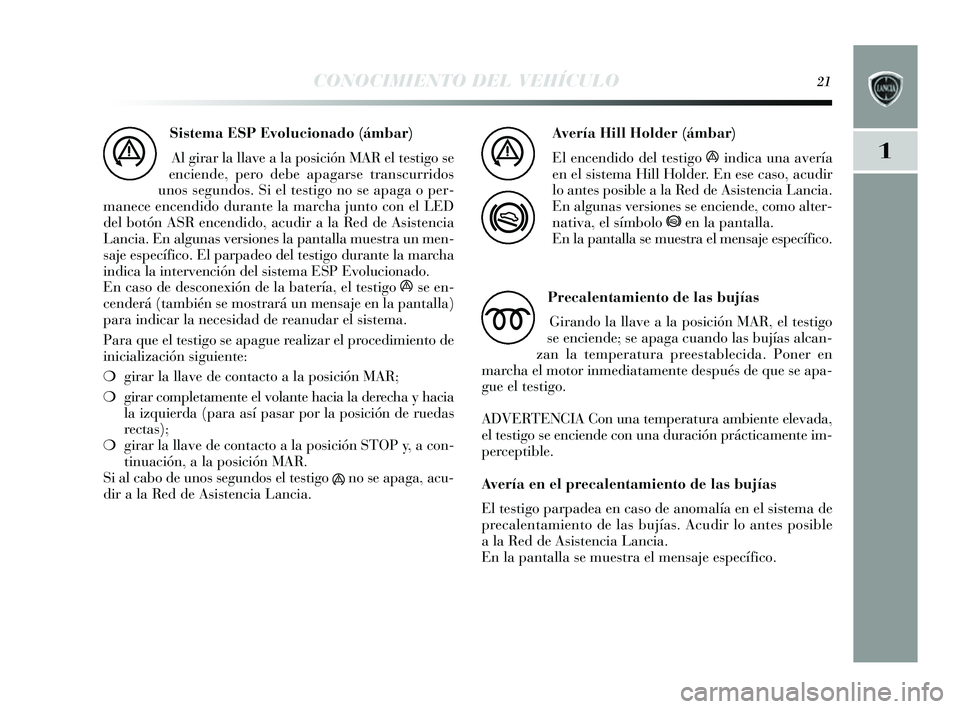 Lancia Delta 2014 Manual de Empleo y Cuidado (in Spanish) 1
CONOCIMIENTO DEL VEHÍCULO21
Sistema ESP Evolucionado (ámbar)Al girar la llave a la pos ición MAR el testigo se
enciende, pero debe apagar se trans curridos
unos s egundos . Si el tes tigo no se Lancia Delta 2014 Manual de Empleo y Cuidado (in Spanish) 1
CONOCIMIENTO DEL VEHÍCULO21
Sistema ESP Evolucionado (ámbar)Al girar la llave a la pos ición MAR el testigo se
enciende, pero debe apagar se trans curridos
unos s egundos . Si el tes tigo no se
