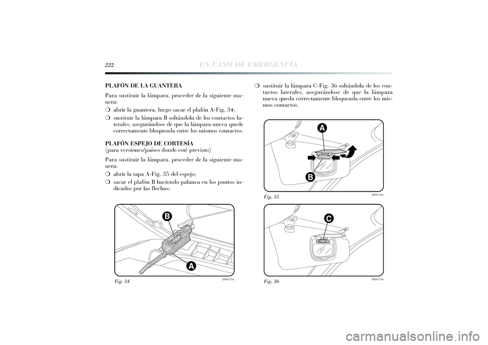 Lancia Delta 2014 Manual de Empleo y Cuidado (in Spanish) 222
EN CASO DE EMERGENCIA
Fig. 34
L0E0173m
Fig. 36
L0E0175m
Fig. 35
L0E0174m
PLAFÓN DE LA GUANTERA
Para sustituir la lámpara, proceder de la siguiente ma-
nera:
❍abrir la guantera, luego sacar el Lancia Delta 2014 Manual de Empleo y Cuidado (in Spanish) 222
EN CASO DE EMERGENCIA
Fig. 34
L0E0173m
Fig. 36
L0E0175m
Fig. 35
L0E0174m
PLAFÓN DE LA GUANTERA
Para sustituir la lámpara, proceder de la siguiente ma-
nera:
❍abrir la guantera, luego sacar el