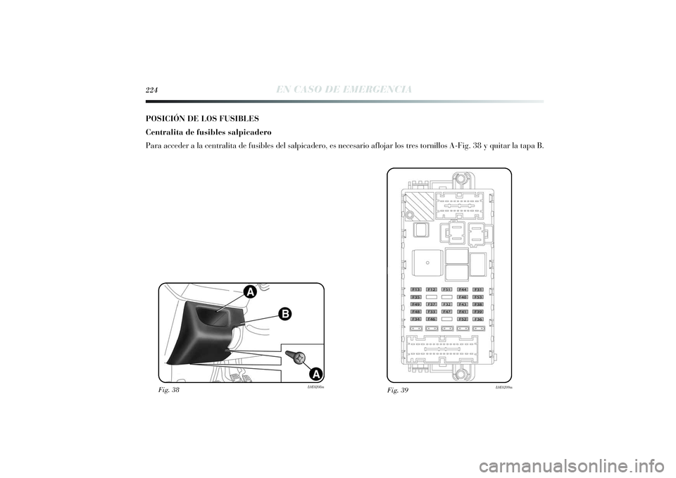Lancia Delta 2014 Manual de Empleo y Cuidado (in Spanish) 224
EN CASO DE EMERGENCIA
POSICIÓN DE LOS FUSIBLES
Centralita de fusibles salpicadero
Para acceder a la centralita de fusibles del salpicadero, es necesario aflojar los tres tornillos A-Fig. 38 y qui Lancia Delta 2014 Manual de Empleo y Cuidado (in Spanish) 224
EN CASO DE EMERGENCIA
POSICIÓN DE LOS FUSIBLES
Centralita de fusibles salpicadero
Para acceder a la centralita de fusibles del salpicadero, es necesario aflojar los tres tornillos A-Fig. 38 y qui