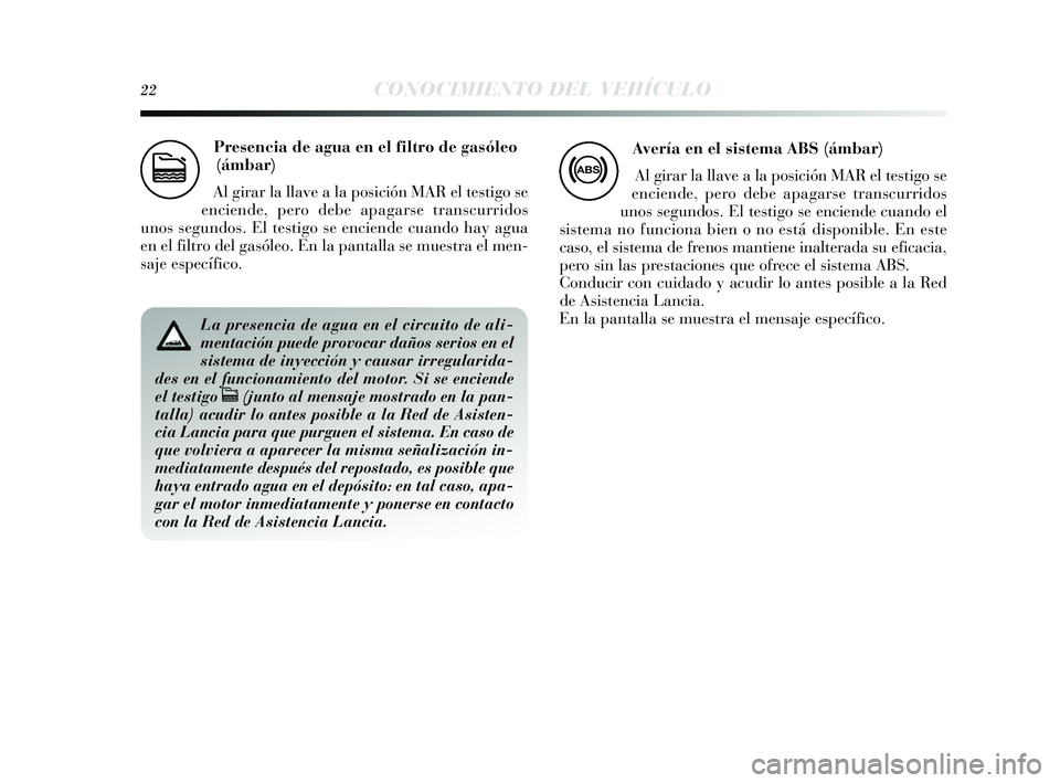 Lancia Delta 2014 Manual de Empleo y Cuidado (in Spanish) 22CONOCIMIENTO DEL VEHÍCULO
Presencia de agua en el filtro de gasóleo
(ámbar)
Al girar la llave a la pos ición MAR el testigo se
enciende, pero debe apagar se trans curridos
unos s egundos . El Lancia Delta 2014 Manual de Empleo y Cuidado (in Spanish) 22CONOCIMIENTO DEL VEHÍCULO
Presencia de agua en el filtro de gasóleo
(ámbar)
Al girar la llave a la pos ición MAR el testigo se
enciende, pero debe apagar se trans curridos
unos s egundos . El