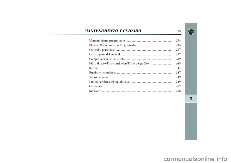Lancia Delta 2014 Manual de Empleo y Cuidado (in Spanish) MANTENIMIENTO Y CUIDADO
233
Mantenimiento programado .....................................................234
Plan de Mantenimiento Programado .........................................235
Controles pe Lancia Delta 2014 Manual de Empleo y Cuidado (in Spanish) MANTENIMIENTO Y CUIDADO
233
Mantenimiento programado .....................................................234
Plan de Mantenimiento Programado .........................................235
Controles pe