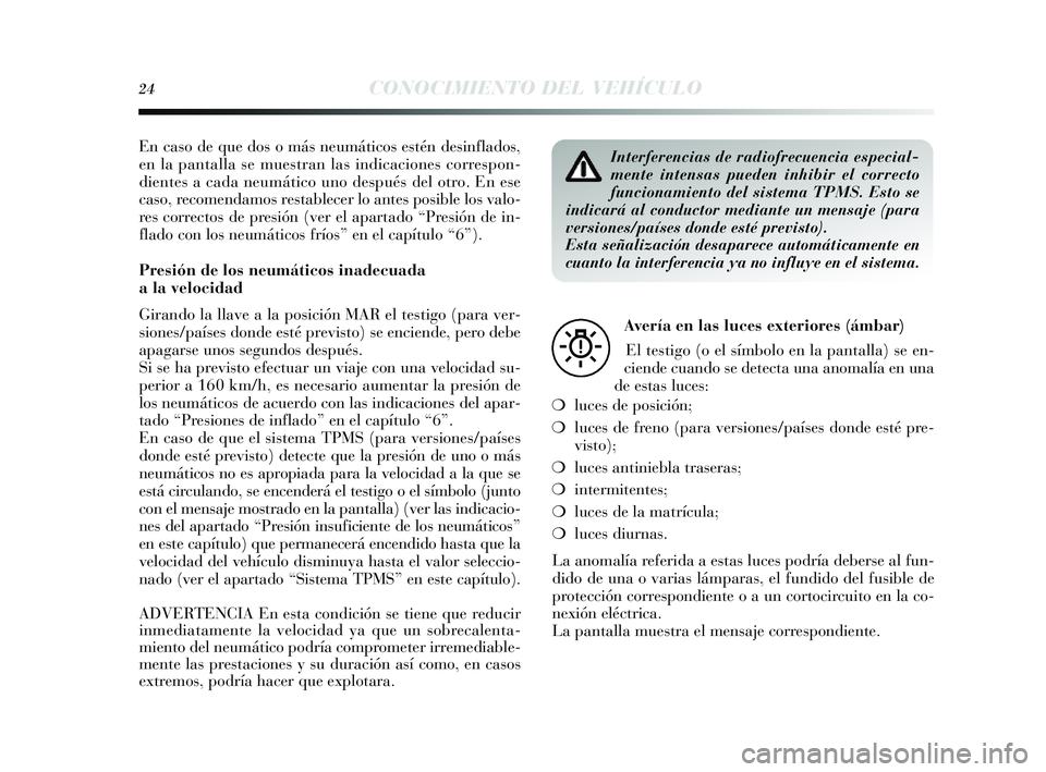 Lancia Delta 2014 Manual de Empleo y Cuidado (in Spanish) 24CONOCIMIENTO DEL VEHÍCULO
En caso de que do s o más neumáticos estén des inflados ,
en la pantalla s e muestran las indicaciones correspon-
dientes a cada neumático uno de spués del otro Lancia Delta 2014 Manual de Empleo y Cuidado (in Spanish) 24CONOCIMIENTO DEL VEHÍCULO
En caso de que do s o más neumáticos estén des inflados ,
en la pantalla s e muestran las indicaciones correspon-
dientes a cada neumático uno de spués del otro