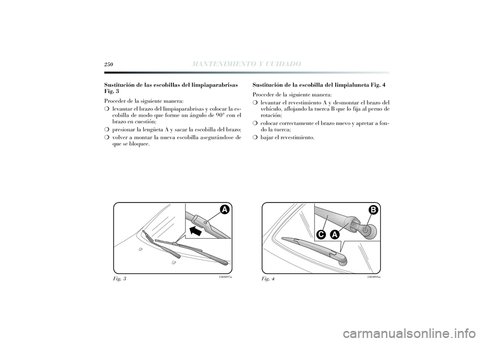 Lancia Delta 2014 Manual de Empleo y Cuidado (in Spanish) 250
MANTENIMIENTO Y CUIDADO
Sustitución de las escobillas del limpiaparabrisas
Fig. 3
Proceder de la siguiente manera:
❍levantar el brazo del limpiaparabrisas y colocar la es-
cobilla de modo que f Lancia Delta 2014 Manual de Empleo y Cuidado (in Spanish) 250
MANTENIMIENTO Y CUIDADO
Sustitución de las escobillas del limpiaparabrisas
Fig. 3
Proceder de la siguiente manera:
❍levantar el brazo del limpiaparabrisas y colocar la es-
cobilla de modo que f