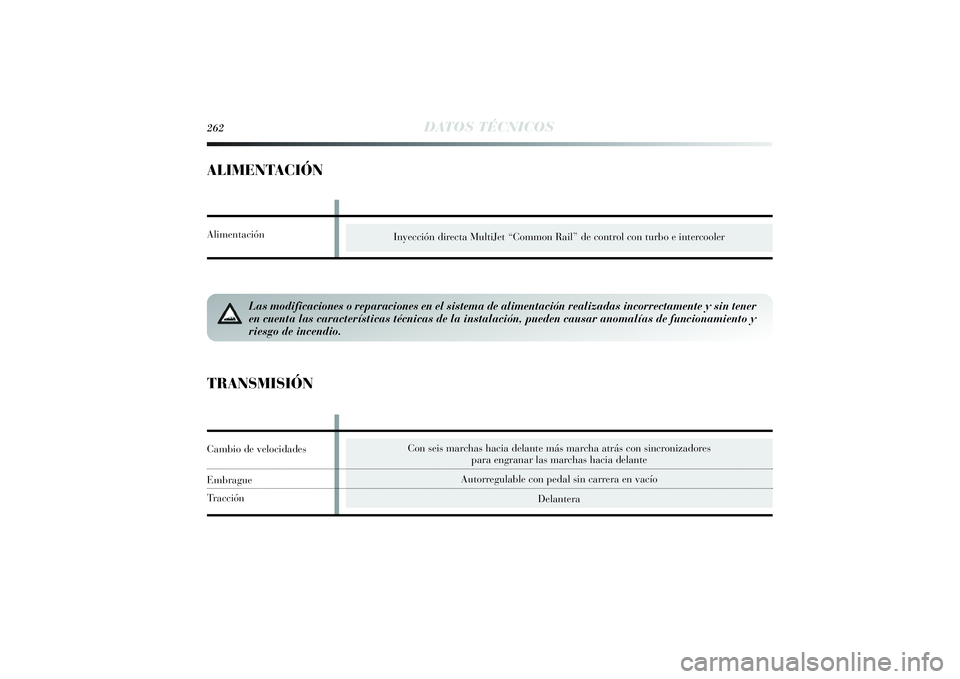 Lancia Delta 2014 Manual de Empleo y Cuidado (in Spanish) 262
DATOS TÉCNICOS
ALIMENTACIÓN
Inyección directa MultiJet “Common Rail” de control con turbo e intercooler
Las modificaciones o reparaciones en el sistema de alimentación realizadas incorrect Lancia Delta 2014 Manual de Empleo y Cuidado (in Spanish) 262
DATOS TÉCNICOS
ALIMENTACIÓN
Inyección directa MultiJet “Common Rail” de control con turbo e intercooler
Las modificaciones o reparaciones en el sistema de alimentación realizadas incorrect