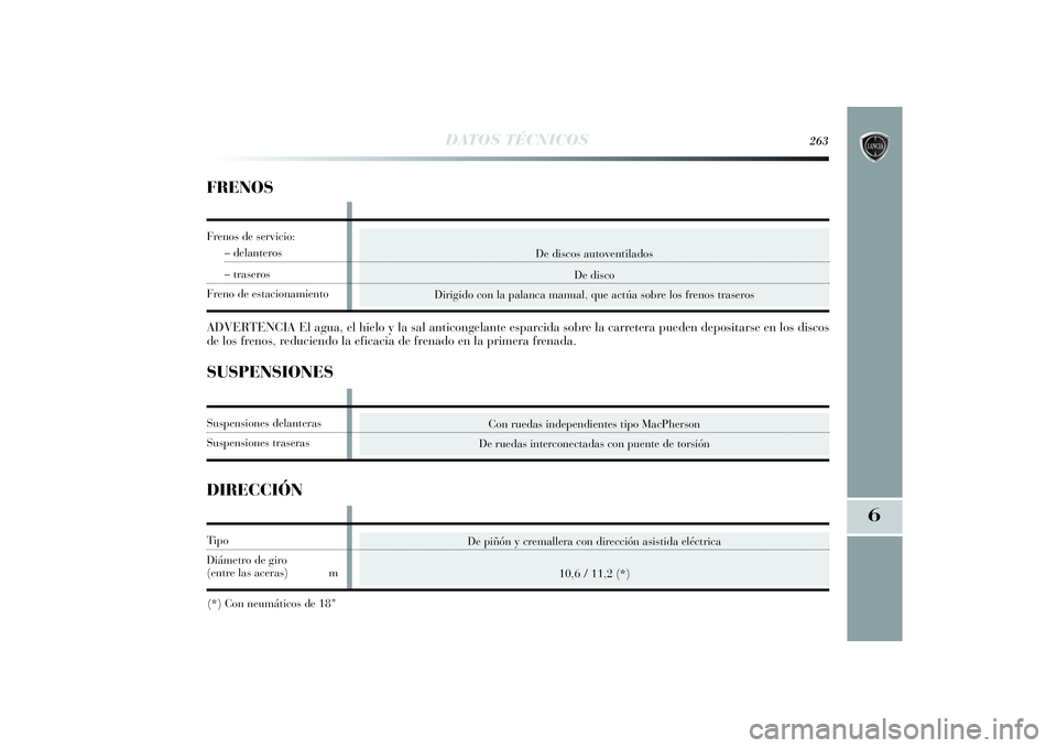 Lancia Delta 2014 Manual de Empleo y Cuidado (in Spanish) 6
DATOS TÉCNICOS
263
De discos autoventilados
De disco
Dirigido con la palanca manual, que actúa sobre los frenos traseros
FRENOSADVERTENCIA El agua, el hielo y la sal anticongelante esparcida sobre Lancia Delta 2014 Manual de Empleo y Cuidado (in Spanish) 6
DATOS TÉCNICOS
263
De discos autoventilados
De disco
Dirigido con la palanca manual, que actúa sobre los frenos traseros
FRENOSADVERTENCIA El agua, el hielo y la sal anticongelante esparcida sobre