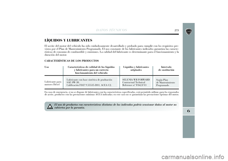 Lancia Delta 2014 Manual de Empleo y Cuidado (in Spanish) 6
DATOS TÉCNICOS
273
En caso de emergencia, si no se dispone de lubricantes con las características especificadas, está permitido utilizar, para los repostados
de aceite, productos con las prestaci Lancia Delta 2014 Manual de Empleo y Cuidado (in Spanish) 6
DATOS TÉCNICOS
273
En caso de emergencia, si no se dispone de lubricantes con las características especificadas, está permitido utilizar, para los repostados
de aceite, productos con las prestaci