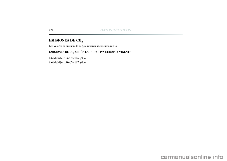 Lancia Delta 2014 Manual de Empleo y Cuidado (in Spanish) 276
DATOS TÉCNICOS
EMISIONES DE CO
2
Los valores de emisión de CO
2se refieren al consumo mixto.
EMISIONES DE CO
2SEGÚN LA DIRECTIVA EUROPEA VIGENTE
1.6 MultiJet 105 CV: 115 g/km
1.6 MultiJet 120 Lancia Delta 2014 Manual de Empleo y Cuidado (in Spanish) 276
DATOS TÉCNICOS
EMISIONES DE CO
2
Los valores de emisión de CO
2se refieren al consumo mixto.
EMISIONES DE CO
2SEGÚN LA DIRECTIVA EUROPEA VIGENTE
1.6 MultiJet 105 CV: 115 g/km
1.6 MultiJet 120