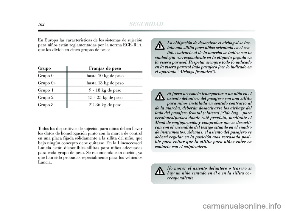Lancia Delta 2015  Manual de Empleo y Cuidado (in Spanish) 162SEGURIDAD
Si fuera necesario transportar a un niño en el
asiento delantero del pasajero con una sillita
para niños instalada en sentido contrario al
de la marcha, deberán desactivarse los airbag