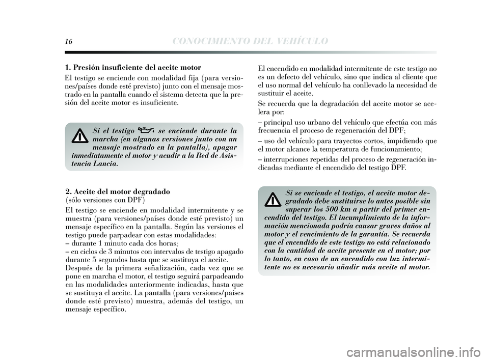 Lancia Delta 2015  Manual de Empleo y Cuidado (in Spanish) 16CONOCIMIENTO DEL VEHÍCULO
Si se enciende el testigo, el aceite motor de-
gradado debe sustituirse lo antes posible sin
superar los 500 km a partir del primer en-
cendido del testigo. El incumplimie