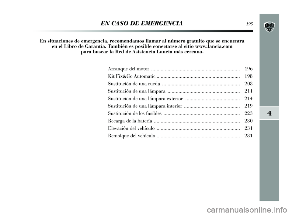 Lancia Delta 2015  Manual de Empleo y Cuidado (in Spanish) 4
    EN CASO DE EMERGENCIA195
Arranque del motor ................................................................. 196
Kit Fix&Go Automatic ...........................................................