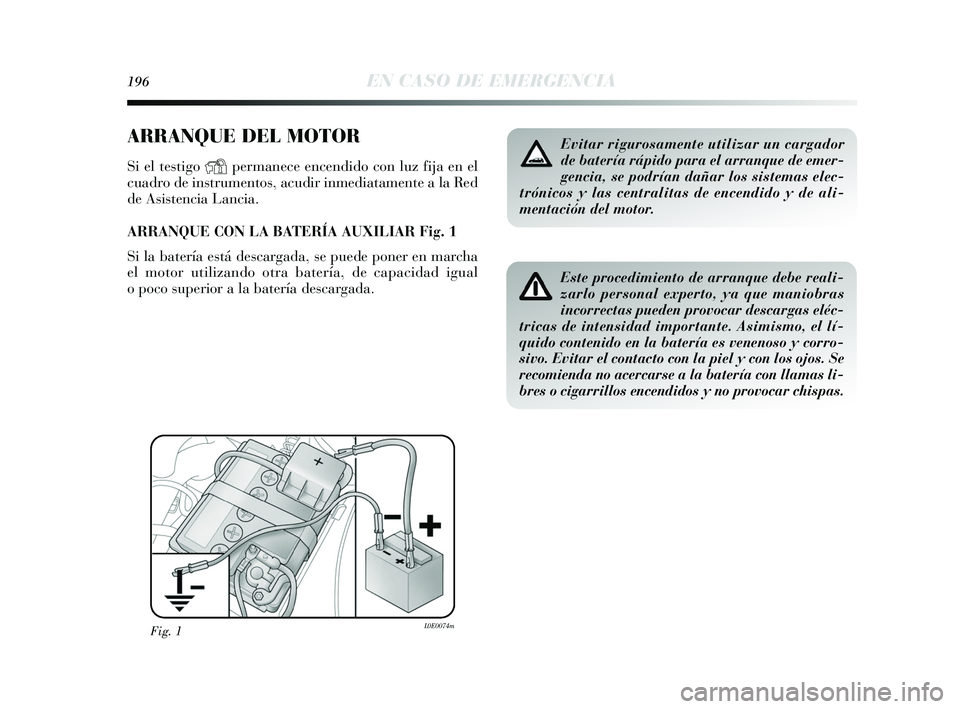 Lancia Delta 2015  Manual de Empleo y Cuidado (in Spanish) 196EN CASO DE EMERGENCIA
ARRANQUE DEL MOTOR
Si el testigo Ypermanece encendido con luz fija en el
cuadro de instrumentos, acudir inmediatamente a la Red
de Asistencia Lancia.
ARRANQUE CON LA BATERÍA 