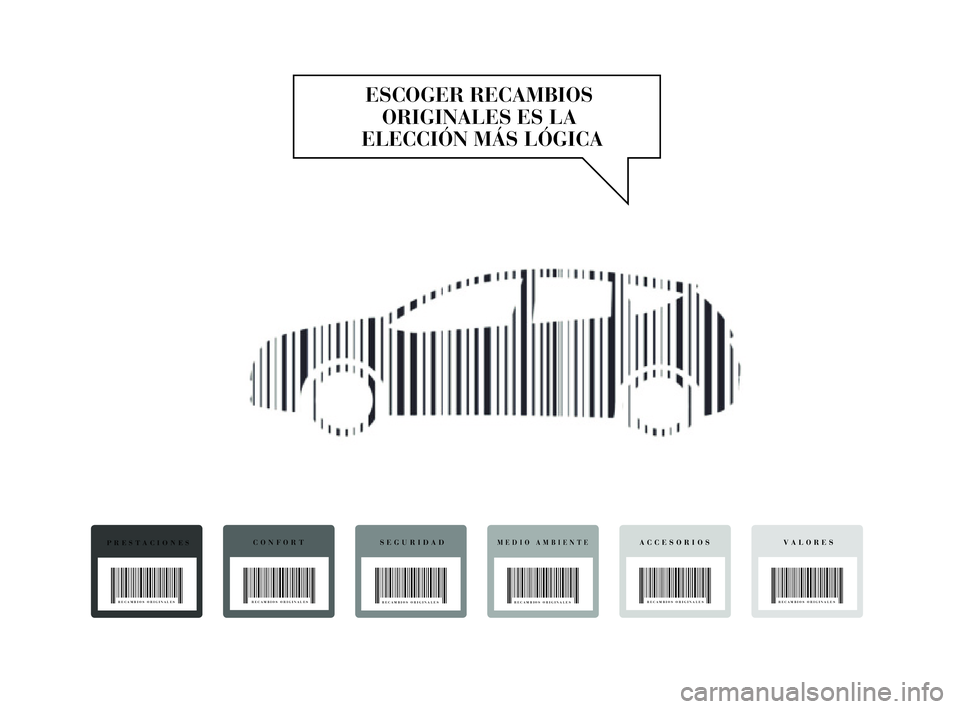 Lancia Delta 2015  Manual de Empleo y Cuidado (in Spanish) ESCOGER RECAMBIOS ORIGINALES ES LA 
ELECCIÓN MÁS LÓGICA
PRESTACIONES
RECAMBIOS ORIGINALES
CONFORT
RECAMBIOS ORIGINALES
SEGURIDADMEDIO AMBIENTEVALORESACCESORIOS
RECAMBIOS ORIGINALES RECAMBIOS ORIGIN