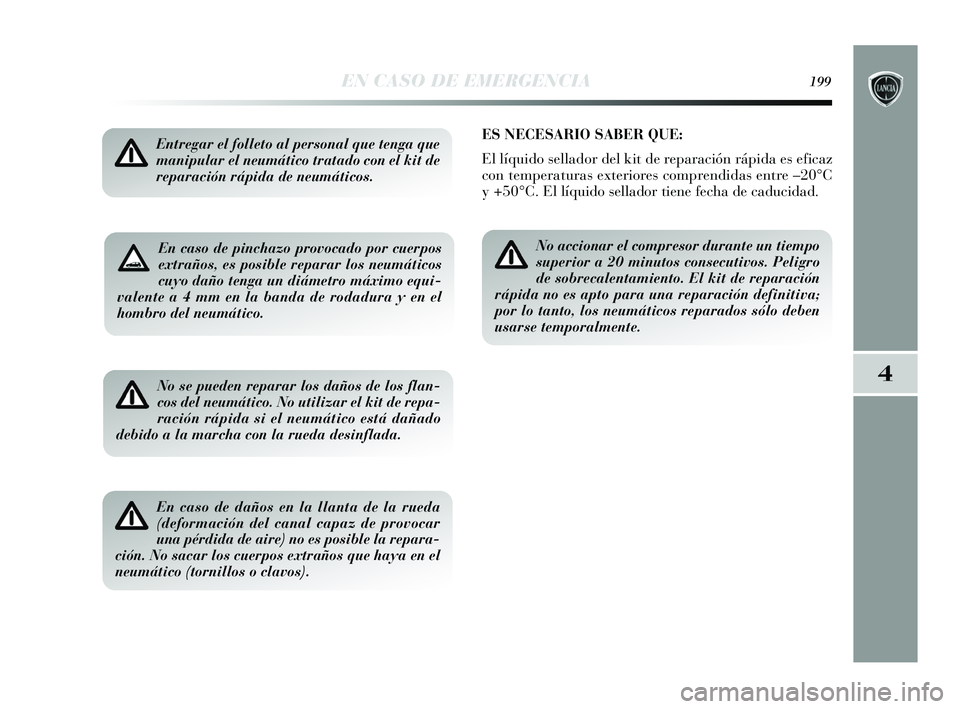 Lancia Delta 2015  Manual de Empleo y Cuidado (in Spanish) 4
EN CASO DE EMERGENCIA199
En caso de pinchazo provocado por cuerpos
extraños, es posible reparar los neumáticos
cuyo daño tenga un diámetro máximo equi-
valente a 4 mm en la banda de rodadura y 