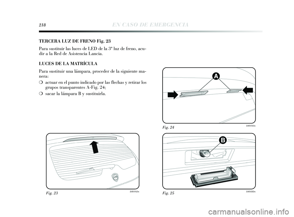 Lancia Delta 2015  Manual de Empleo y Cuidado (in Spanish) 218EN CASO DE EMERGENCIA
TERCERA LUZ DE FRENO Fig. 23
Para sustituir las luces de LED de la 3ª luz de freno, acu-
dir a la Red de Asistencia Lancia.
LUCES DE LA MATRÍCULA
Para sustituir una lámpara