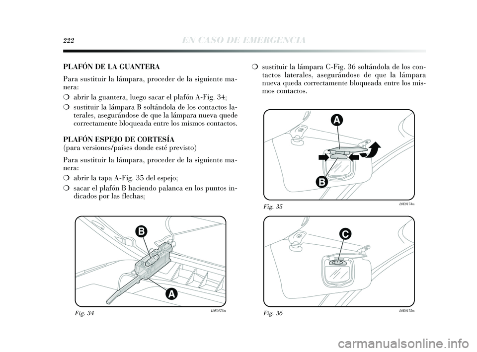 Lancia Delta 2015  Manual de Empleo y Cuidado (in Spanish) 222EN CASO DE EMERGENCIA
Fig. 34L0E0173mFig. 36L0E0175m
Fig. 35L0E0174m
PLAFÓN DE LA GUANTERA
Para sustituir la lámpara, proceder de la siguiente ma-
nera:
❍abrir la guantera, luego sacar el plaf