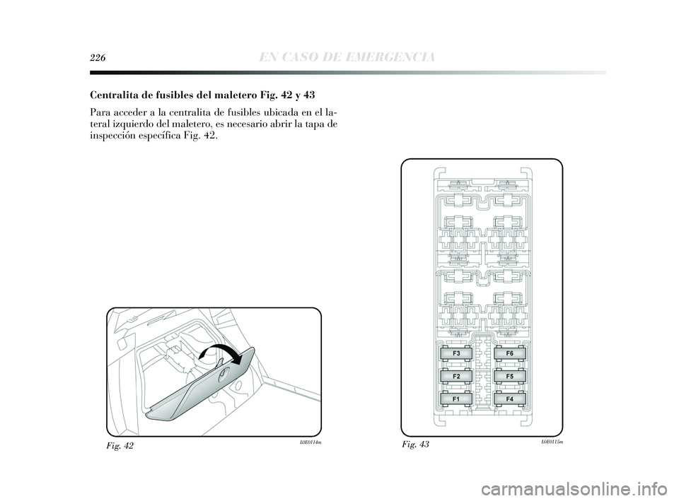 Lancia Delta 2015  Manual de Empleo y Cuidado (in Spanish) 226EN CASO DE EMERGENCIA
Centralita de fusibles del maletero Fig. 42 y 43
Para acceder a la centralita de fusibles ubicada en el la-
teral izquierdo del maletero, es necesario abrir la tapa de
inspecc