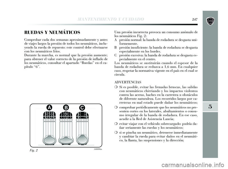 Lancia Delta 2015  Manual de Empleo y Cuidado (in Spanish) RUEDAS Y NEUMÁTICOS
Comprobar cada dos semanas aproximadamente y antes
de viajes largos la presión de todos los neumáticos, inclu-
yendo la rueda de repuesto: este control debe efectuarse
con los n